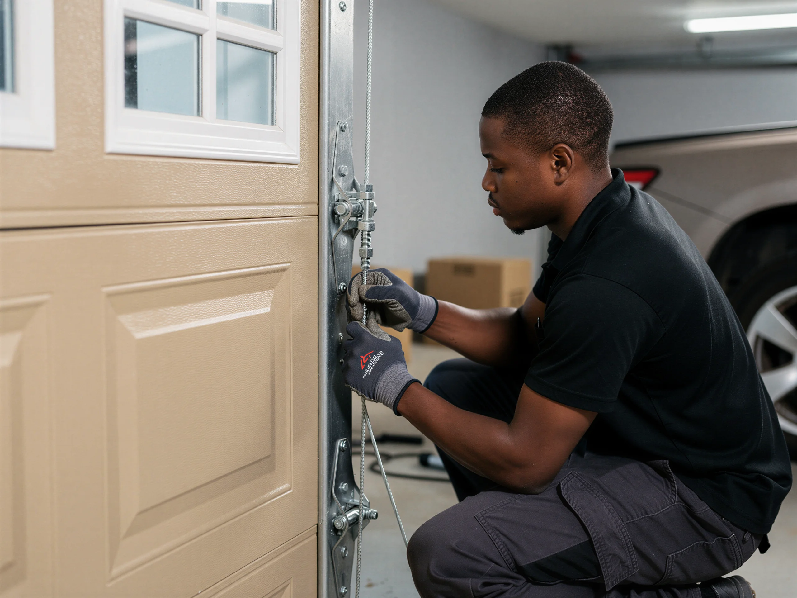 A technician in gloves adjusts the cable on a tan garage door.