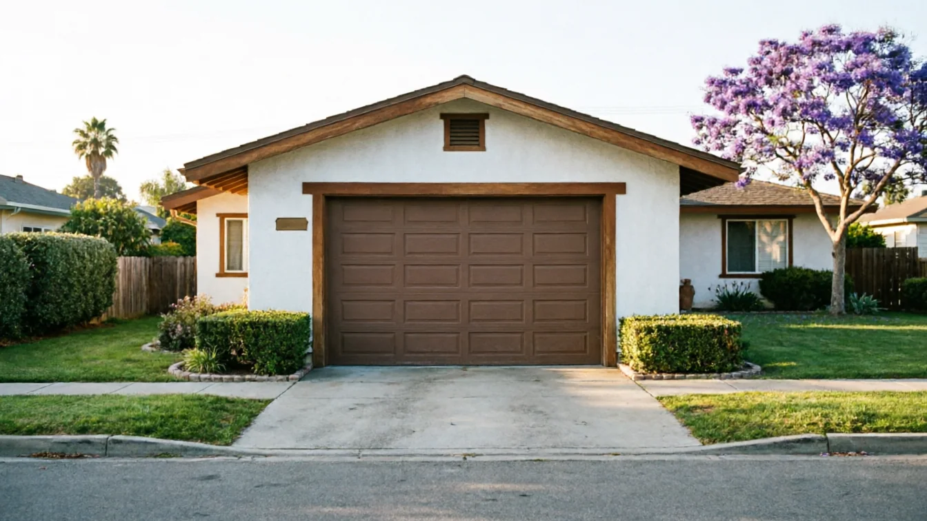 A white house has a brown garage door and a purple flowering tree.