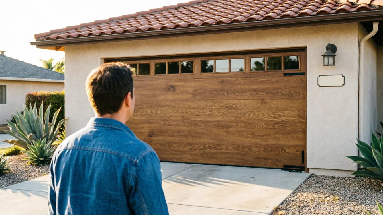 A man stands facing a closed brown garage door with windows.