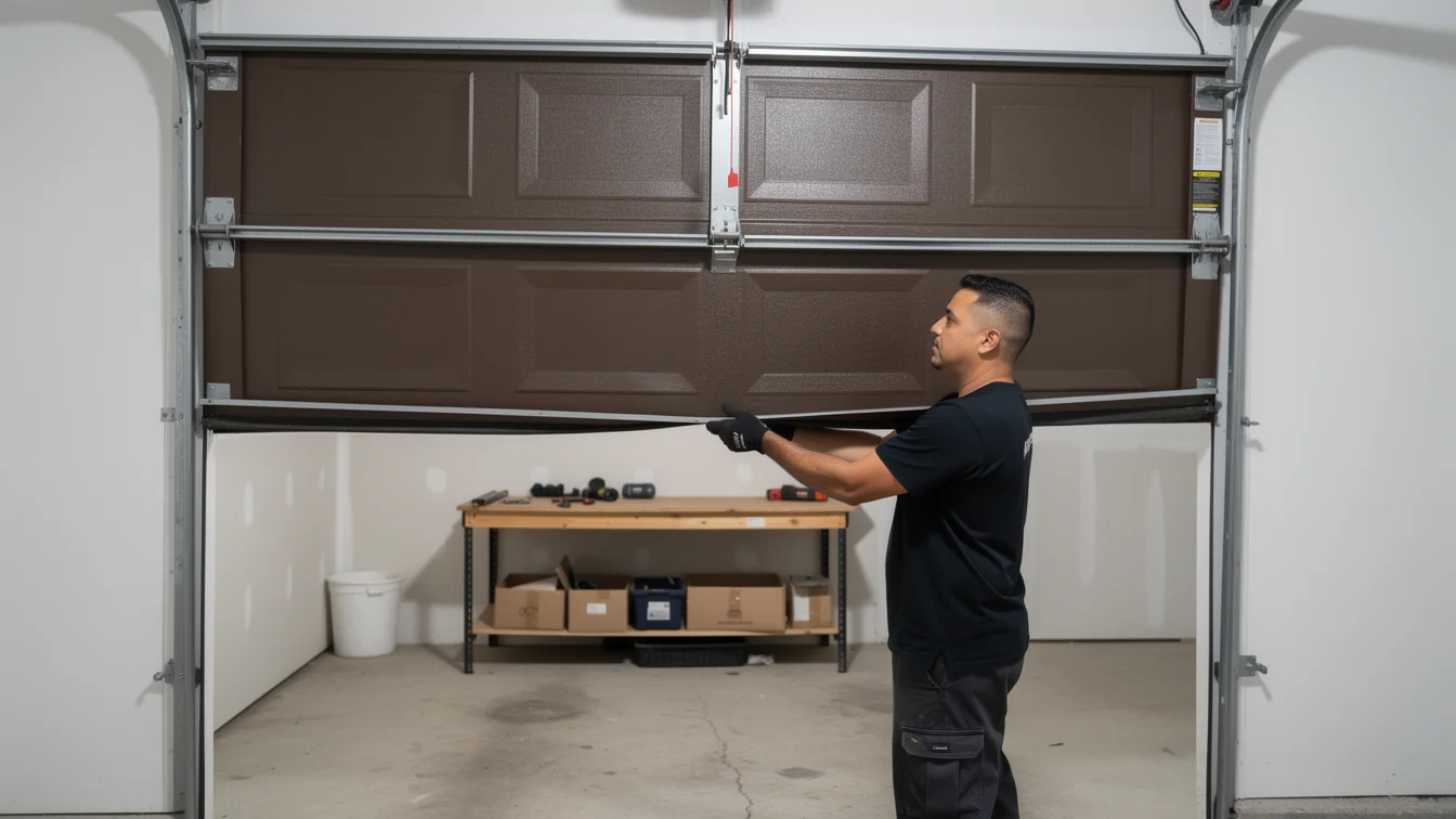 A technician holds a brown garage door panel that is partially open.