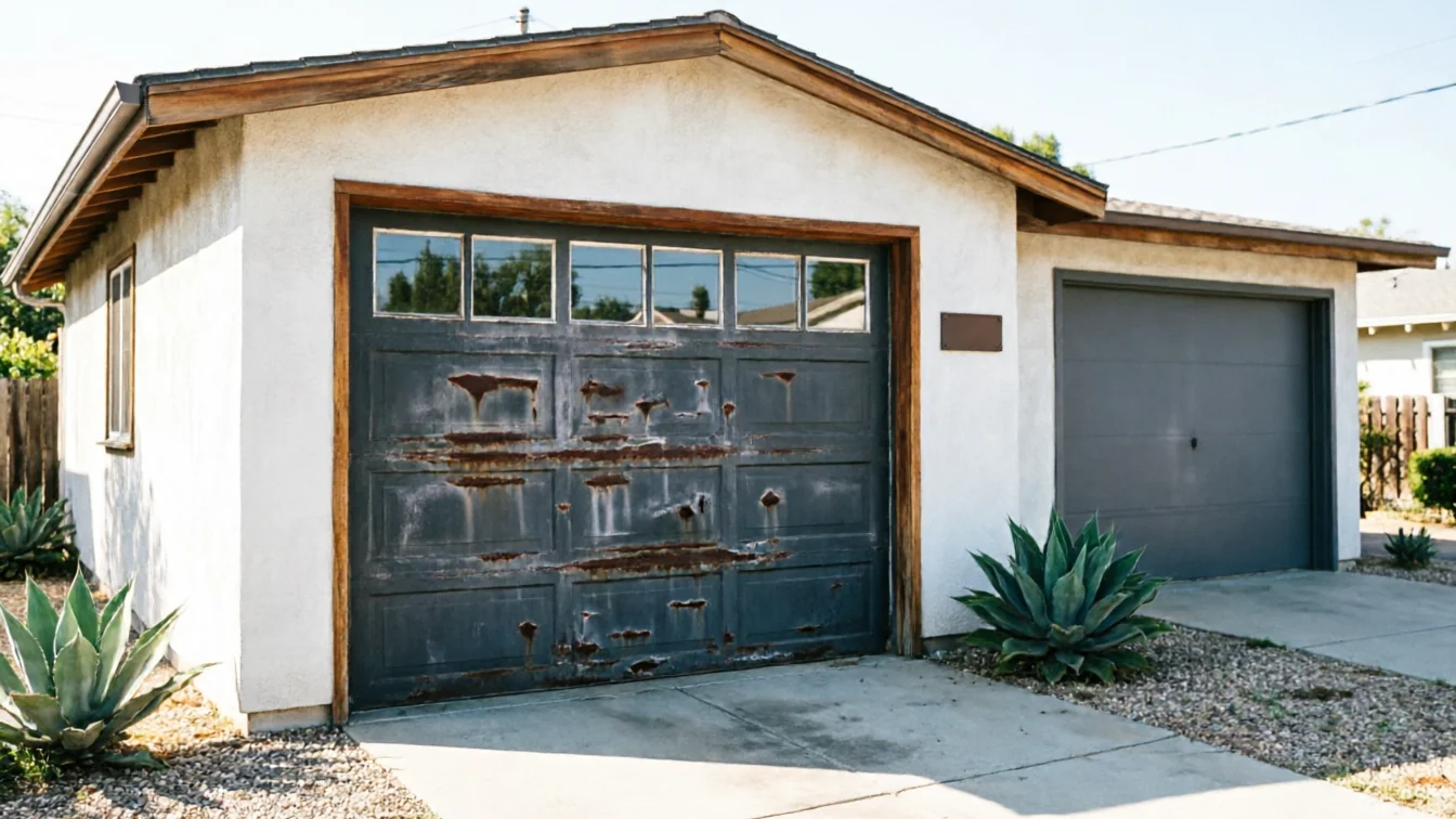 The house has two garage doors, one rusted and one gray.