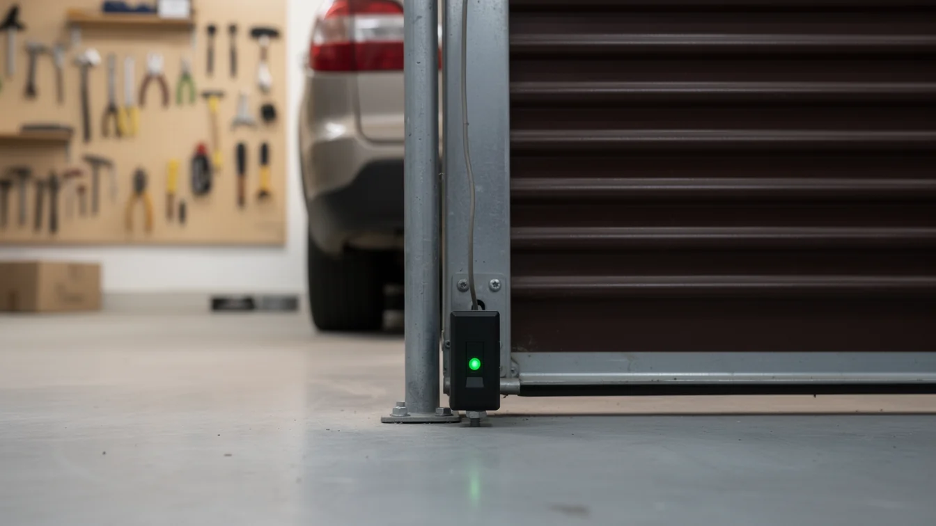 A garage door safety sensor with a green light is mounted on a metal track.