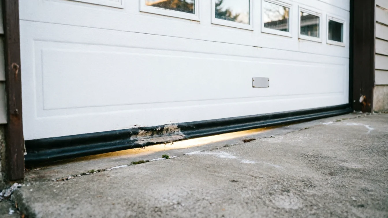 The white garage door has a damaged bottom seal and a gap underneath.