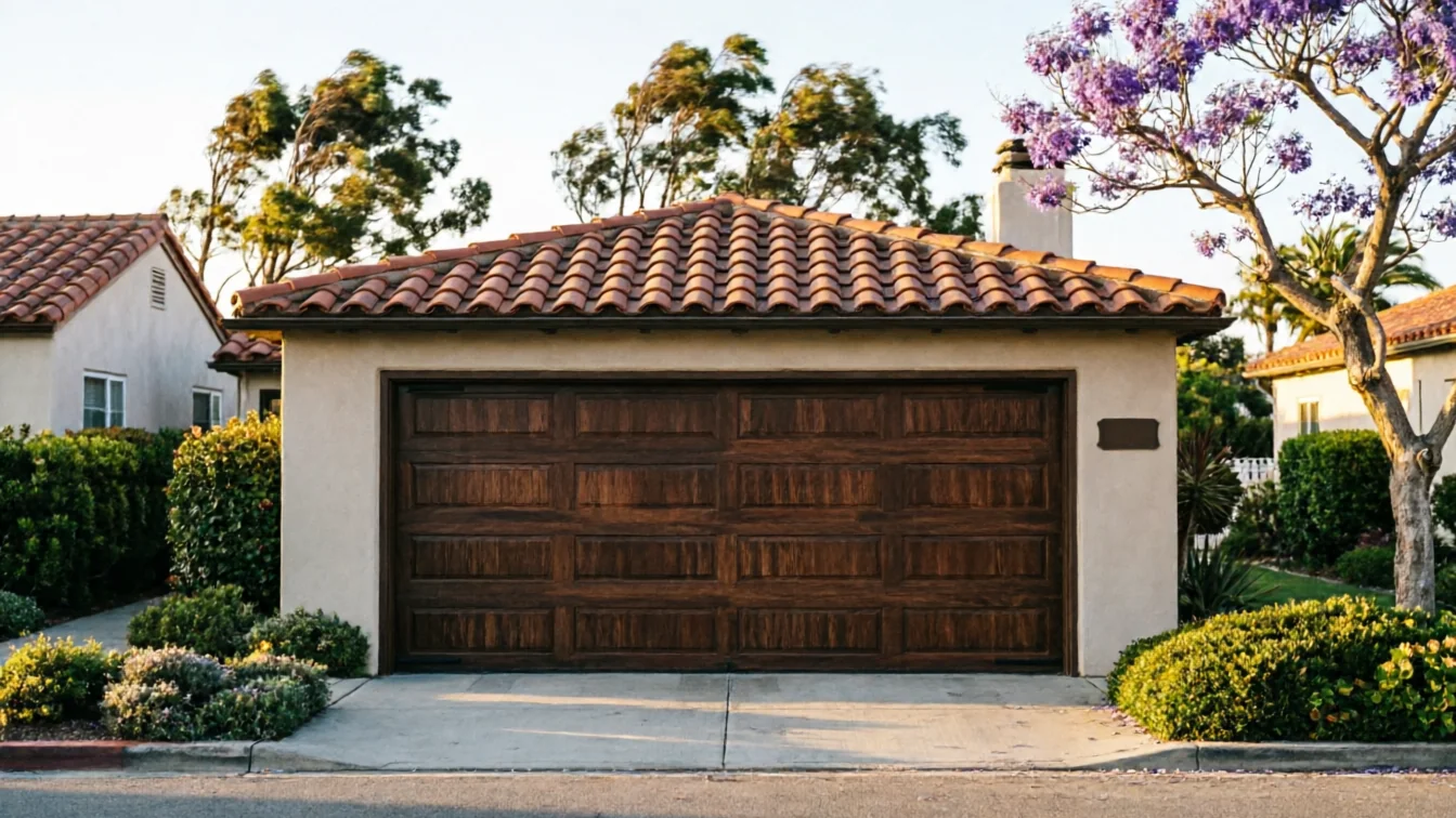A brown wooden garage door is on a stucco garage with a red tile roof.