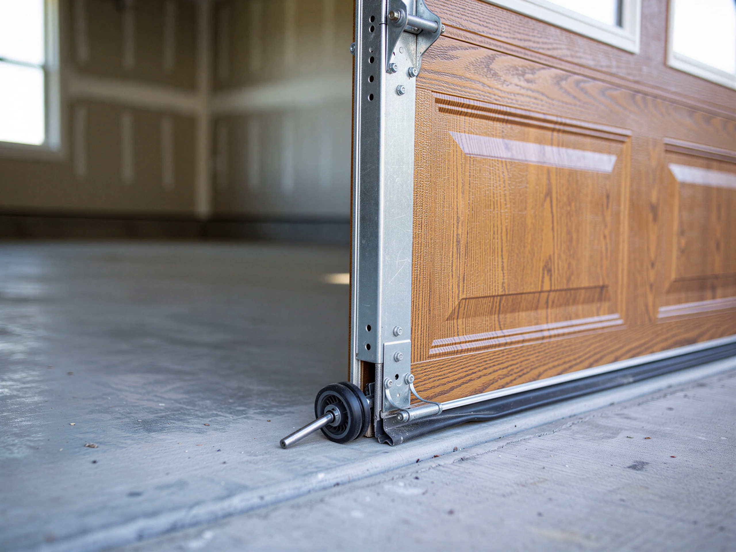 A garage door roller is detached from the bottom of a brown garage door.