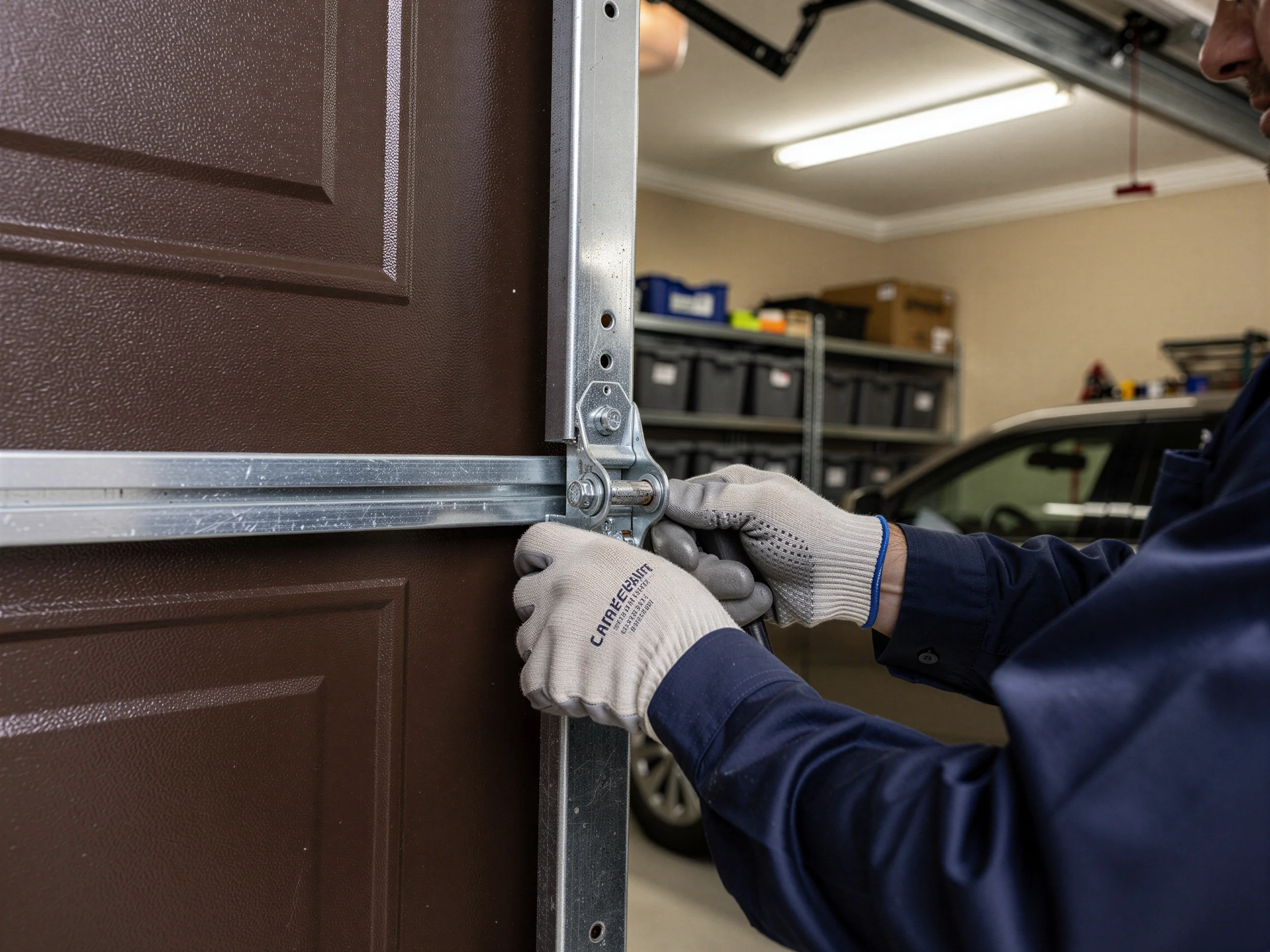 A technician in gloves adjusts the metal track of a brown garage door.