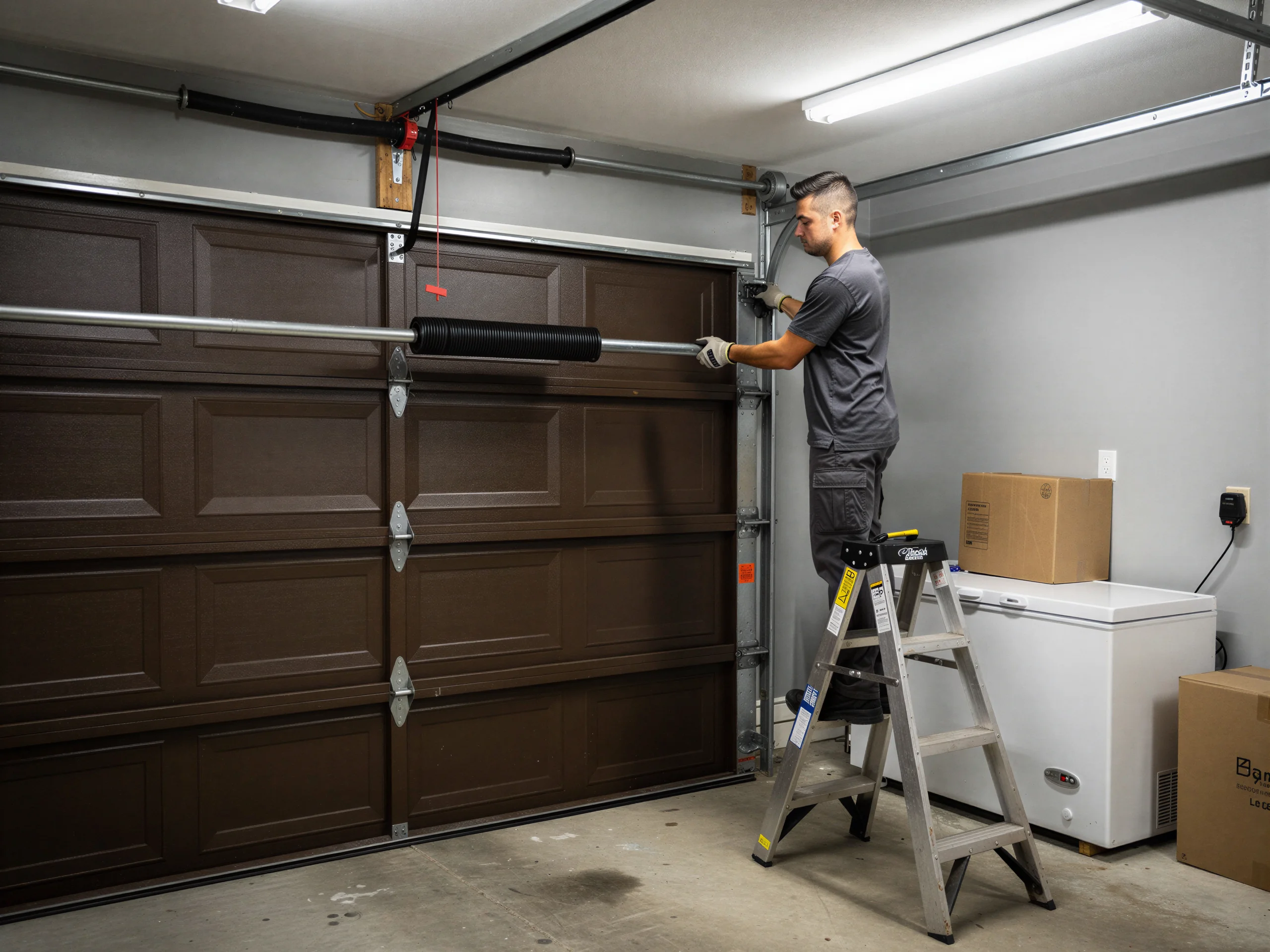 A technician on a ladder is installing a new torsion spring on a brown garage door.
