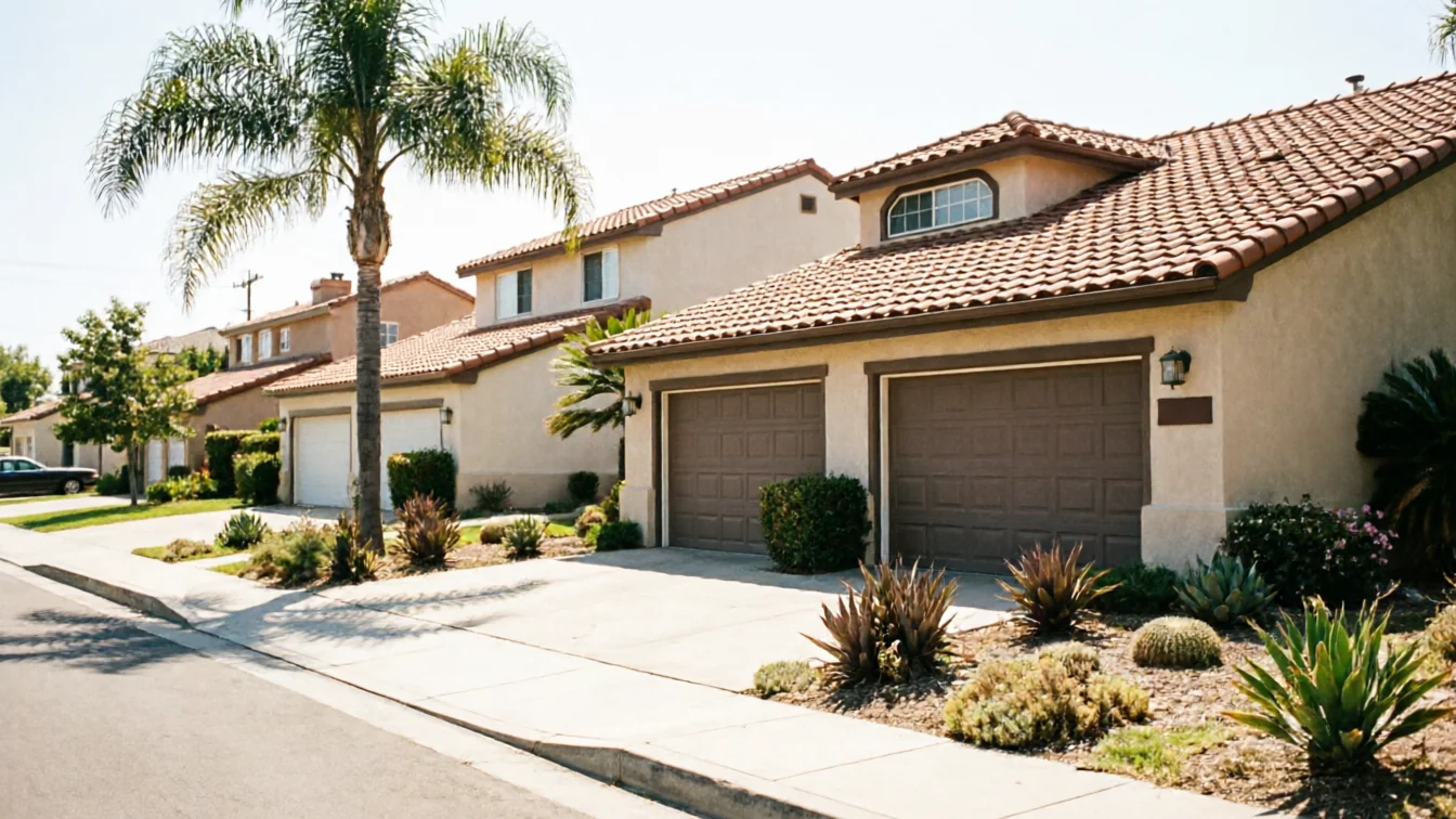 A row of houses with brown garage doors and red tile roofs lines a sunny street.