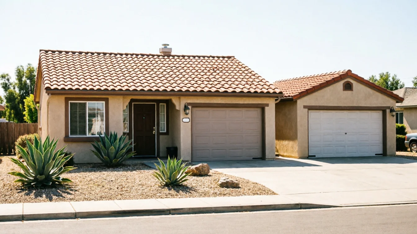 A house with a brown garage door and a separate white garage door.
