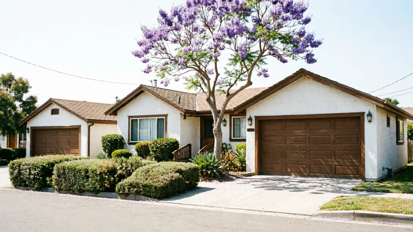 A white house with a brown garage door and a purple flowering tree in front.