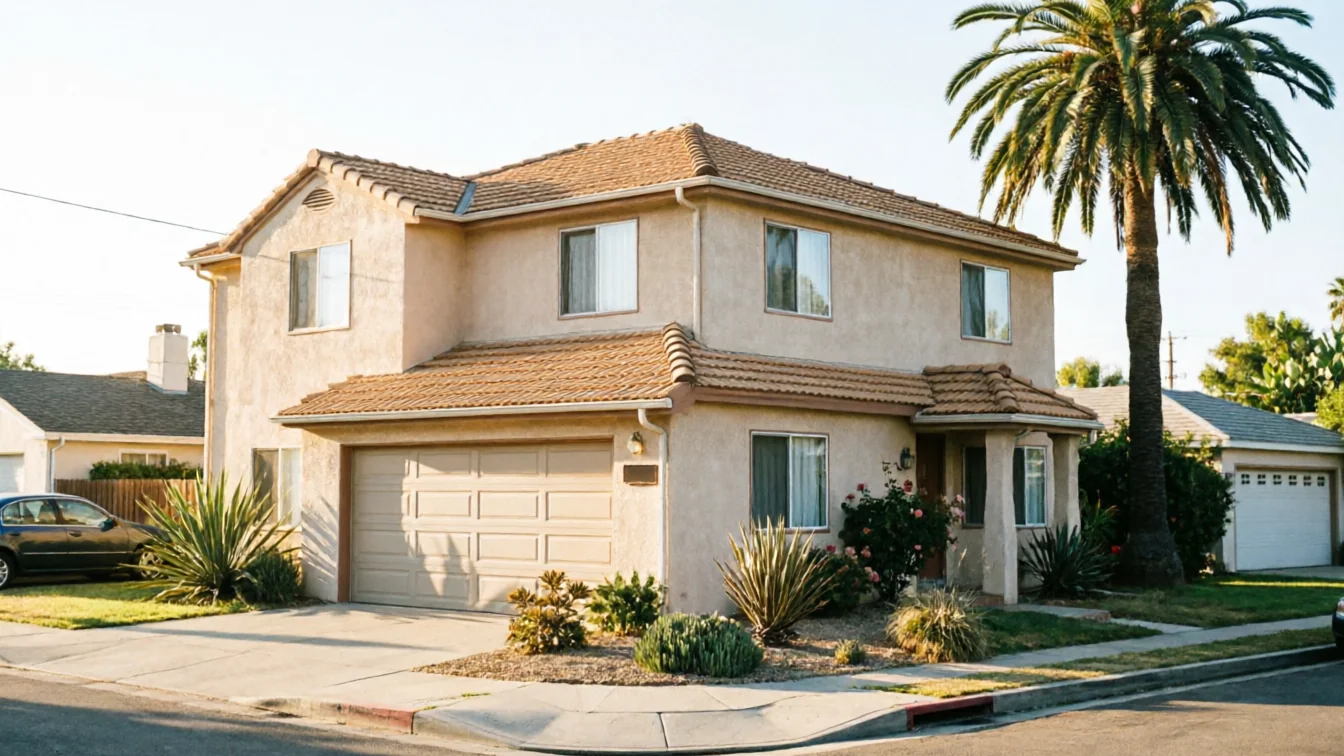 A two-story house with a beige garage door, a palm tree, and landscaping.